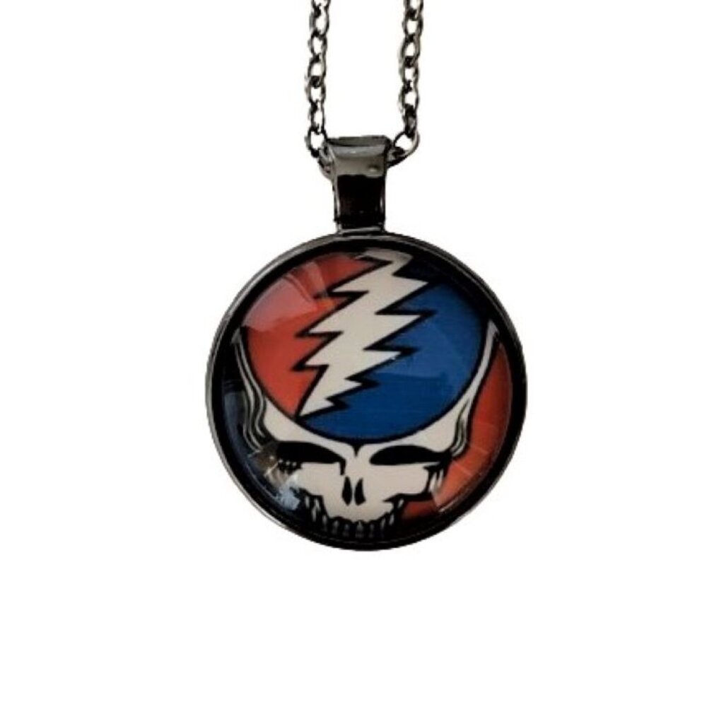 Grateful Dead Steal Your Face Glass Cabochon Necklace Gunmetal Charm & Chain New